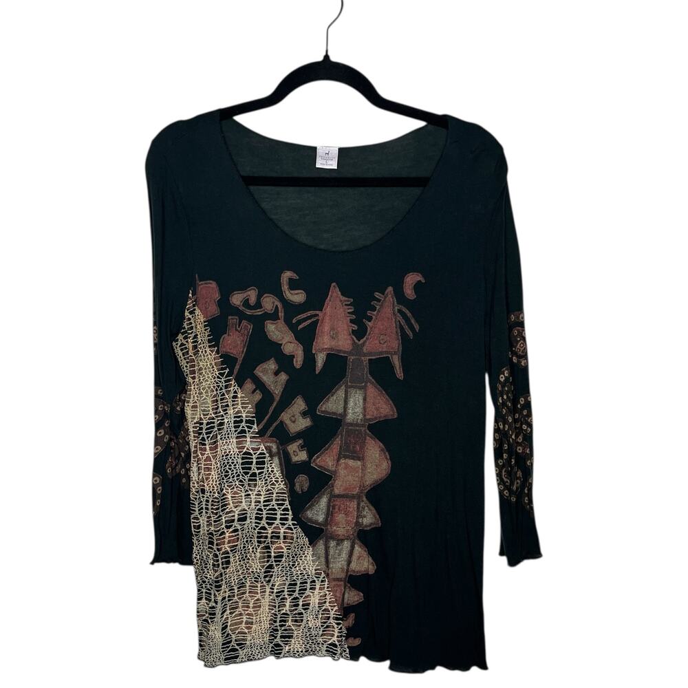 Peruvian Connection Black Long Sleeve Scoop Neck Top with Rust and Cream Accents